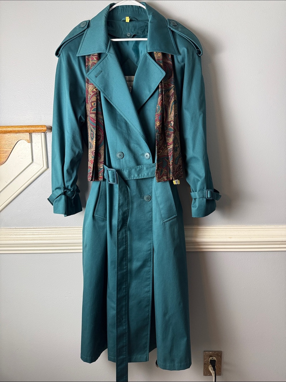 Vintage Teal Trench Coat with Paisley Scarf - Women's Classic Trench. Maxi